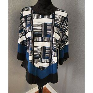 Alfani Blouse Womens PXL Geometric Asymmetrical Black White Blue 3/4 Sleeve